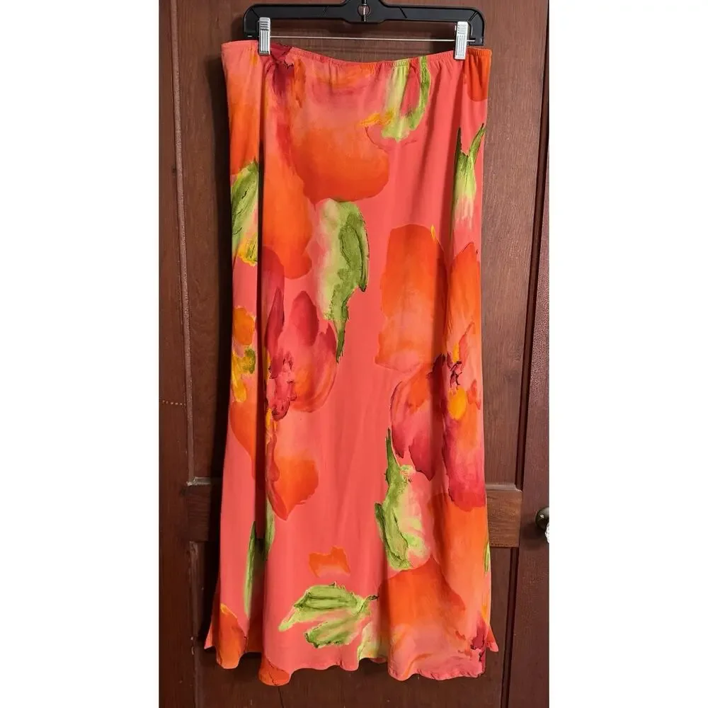 Vintage Carole Little Size 16 Watercolor Floral Maxi Skirt Rayon Made USA